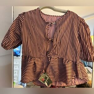NEW Tie Front Tops Puff Sleeve Peplum Blouse Babydoll M